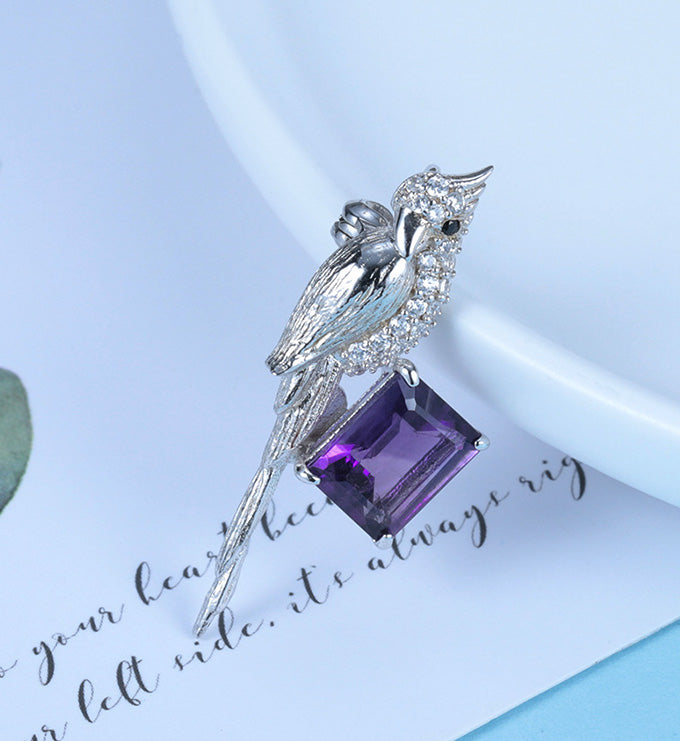 Birdie brooch-Natural Amethyst-Topaz