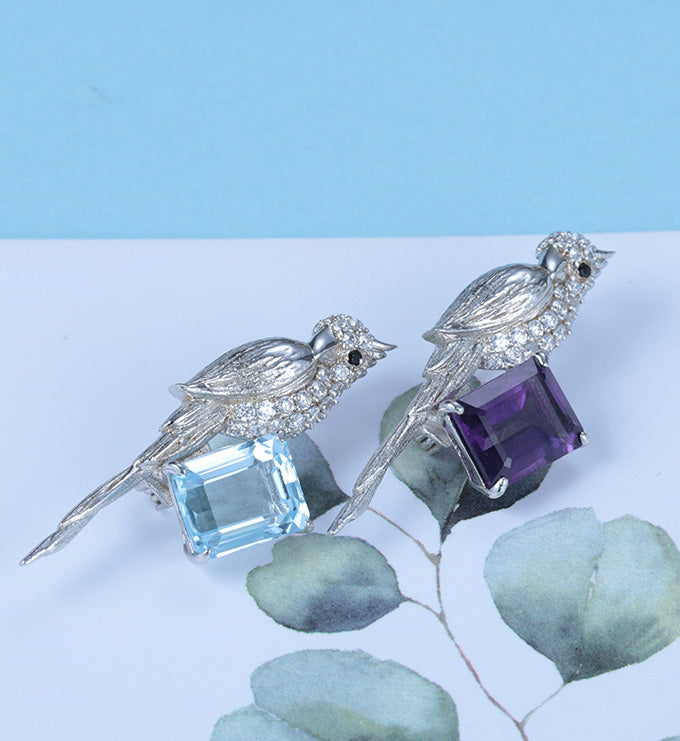 Birdie brooch-Natural Amethyst-Topaz