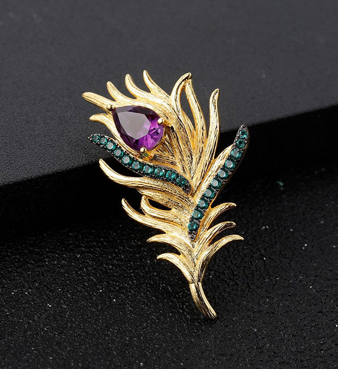 Peacock Feather brooch Natural Amethyst Pendant  high-grade jewelry handmade