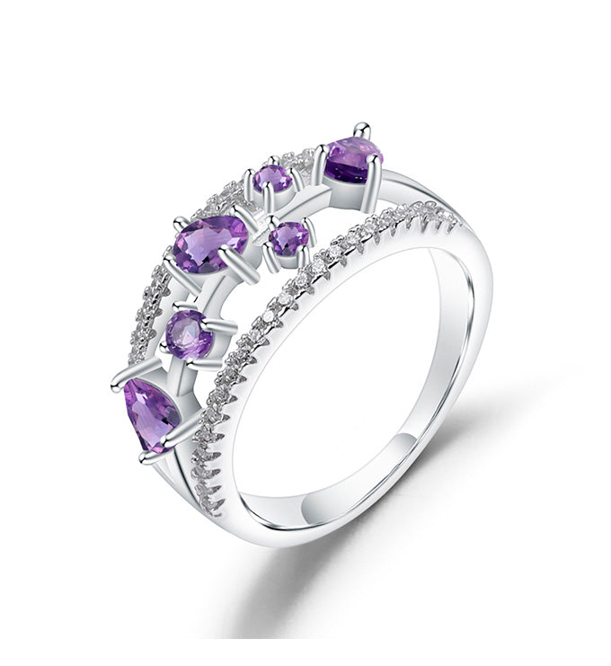 Fashion Gem Ring-Natural Amethyst-Cubic Zirconia-Silver