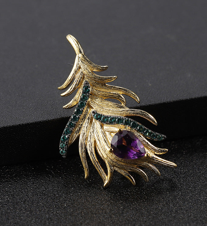 Peacock Feather brooch Natural Amethyst Pendant  high-grade jewelry handmade