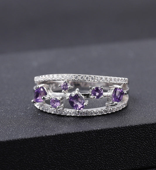 Fashion Gem Ring-Natural Amethyst-Cubic Zirconia-Silver